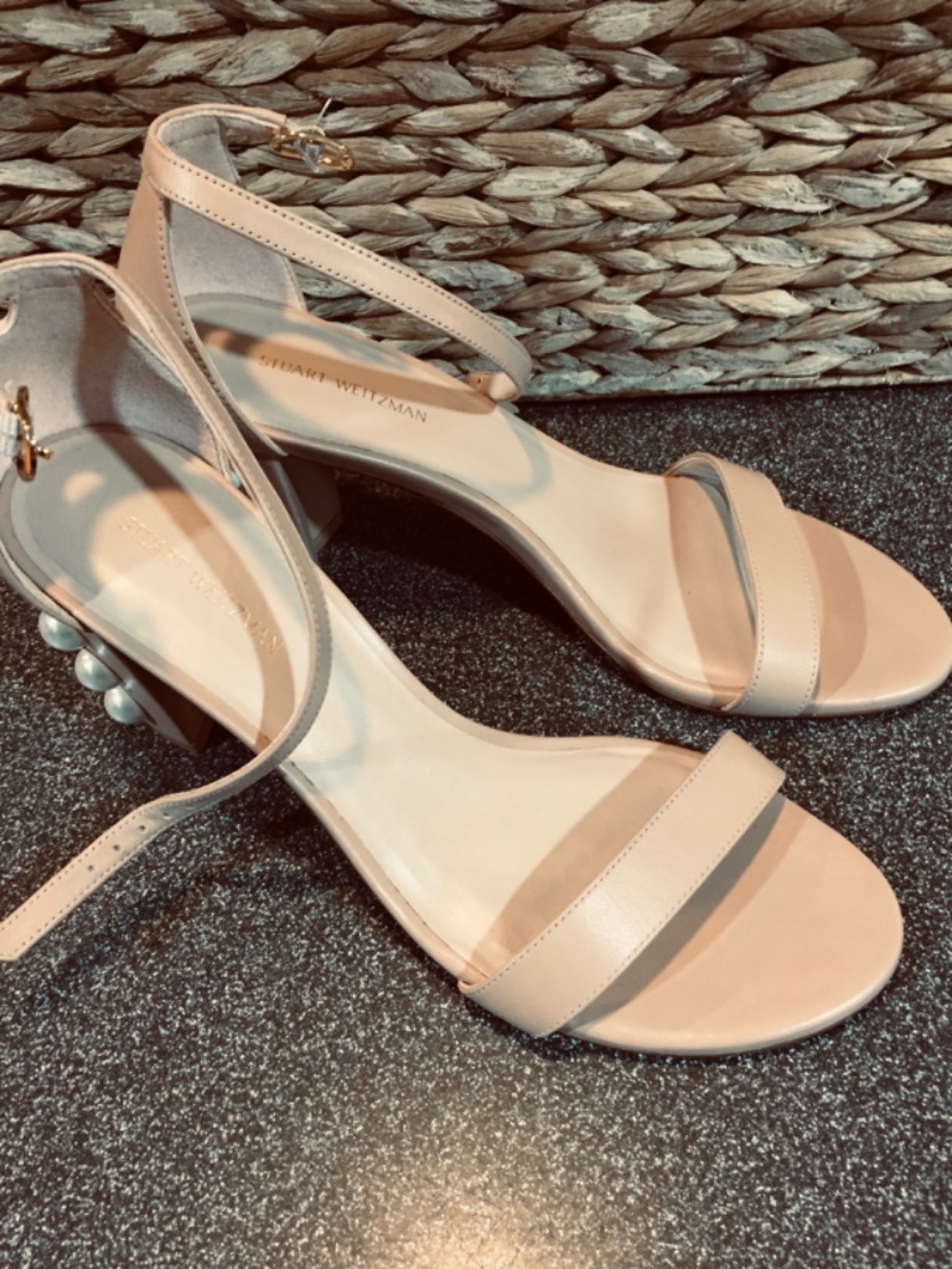 Stuart Weitzman Nude Beige Pearl-Embellished Block Heel Sandals - Picture 15 of 15